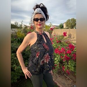 Jolt Black and Red Floral Halter Top